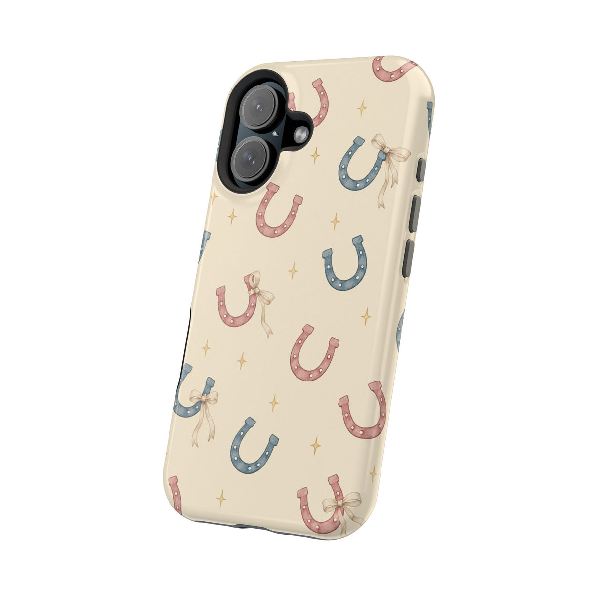 Prairie Horseshoes MagSafe Phone Case, glossy vertical dual-camera model, angled rear view