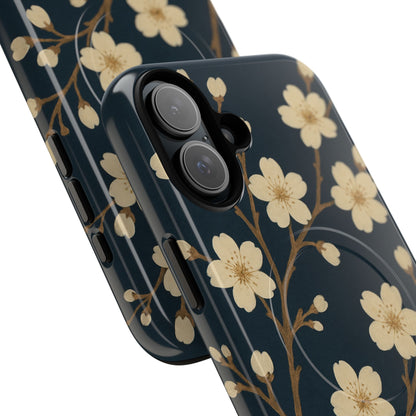 Navy Cherry Blossom Floral iPhone Case - Compatible with MagSafe