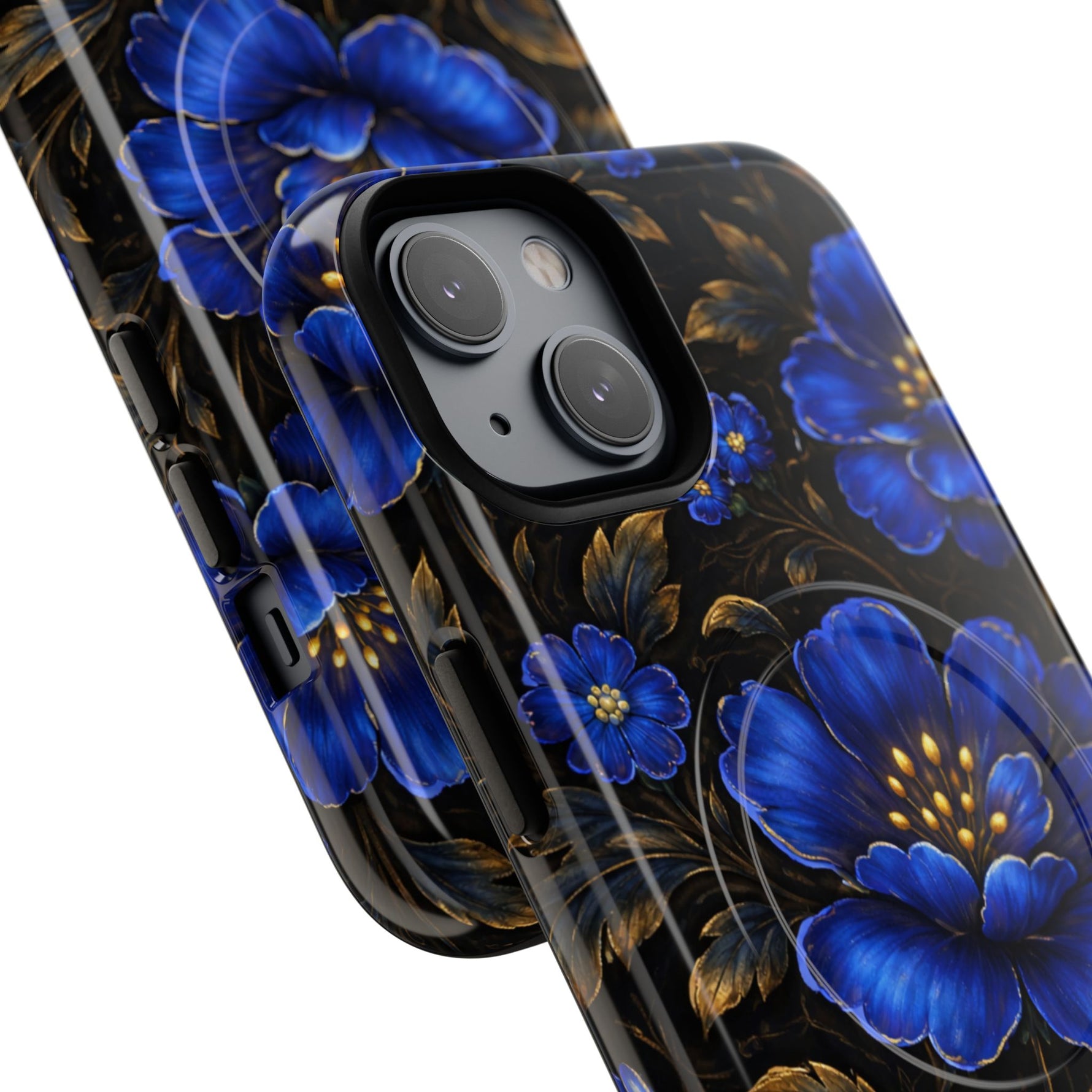 Close-up of two phone cases with large blue floral pattern and gold leaves, showing different sizes