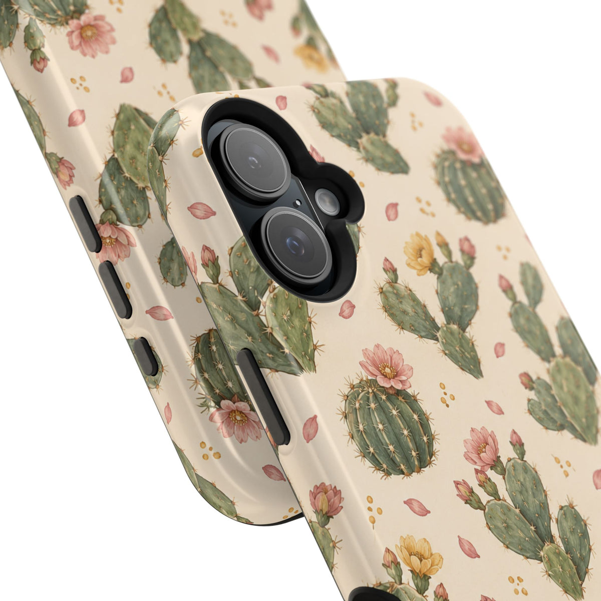 Cactus Bloom – Sage Green Floral Cactus MagSafe Phone Case, glossy vertical dual-camera model, camera and side-button close-up