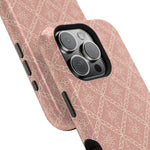 Meadow Lace – Blush Pink Lace Pattern MagSafe Phone Case, glossy square triple-camera Pro model, camera and side-button close-up