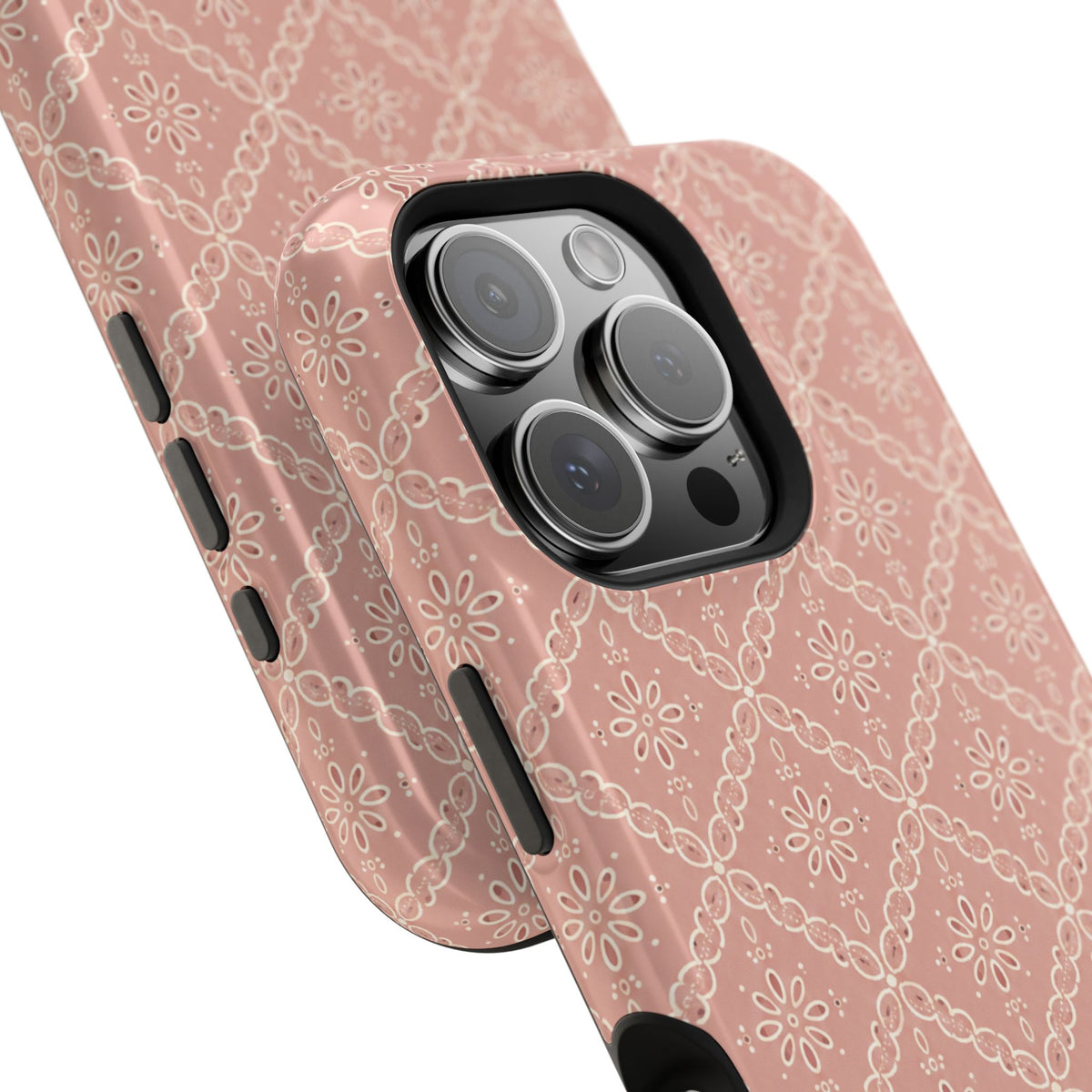 Meadow Lace – Blush Pink Lace Pattern MagSafe Phone Case, glossy square triple-camera Pro model, camera and side-button close-up
