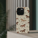 Wild Mustangs – Western Horse Pattern MagSafe Phone Case, glossy square triple-camera Pro model, rear view on a tabletop