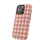 Prairie Gingham MagSafe Phone Case, glossy square triple-camera Pro model, angled rear view