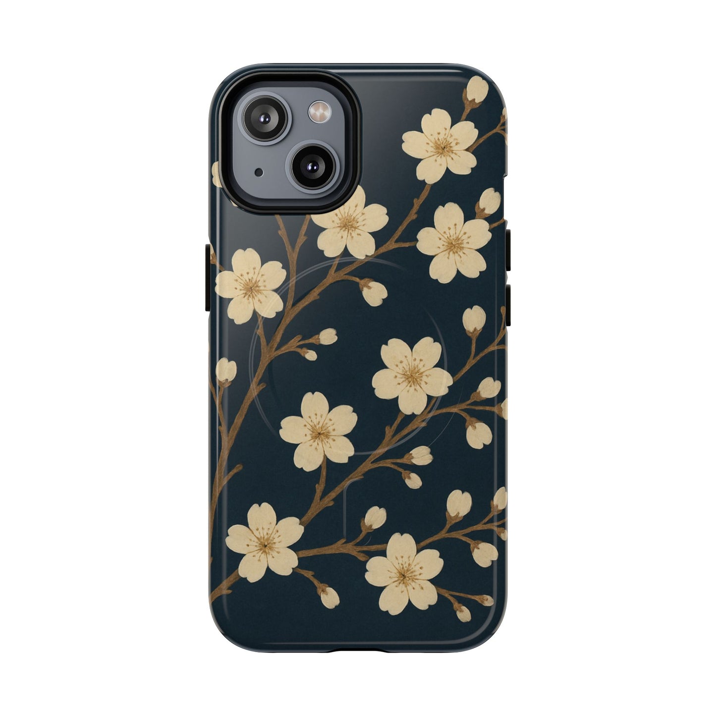 Navy Cherry Blossom Floral iPhone Case - Compatible with MagSafe