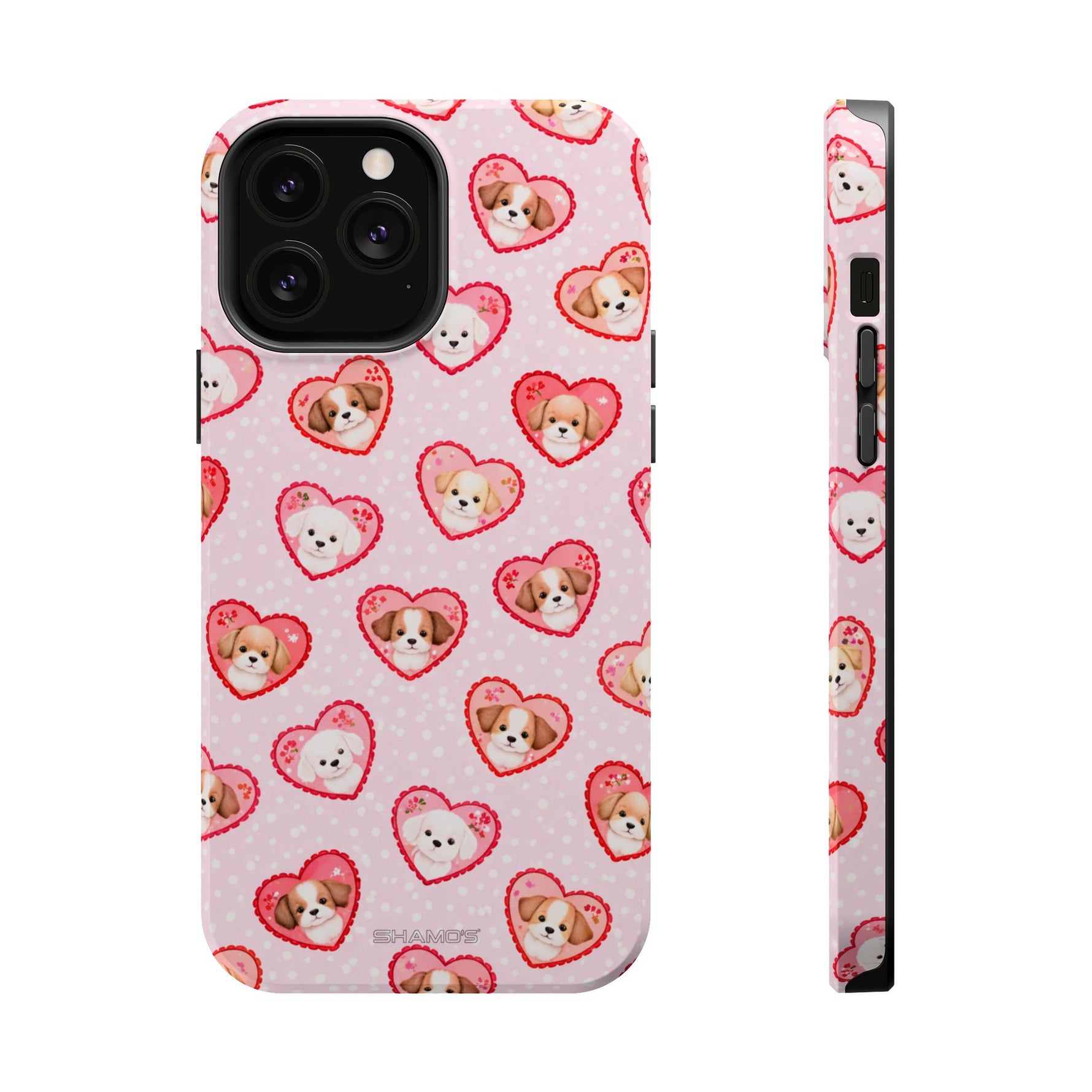 Pink Puppy Heart Pattern MagSafe Impact-Resistant iPhone Case, Valentine Phone Cover