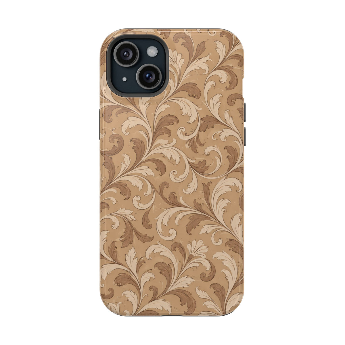 Saddle Scrolls – Tan Western Scrollwork MagSafe Phone Case, glossy iPhone 15 Plus, rear view