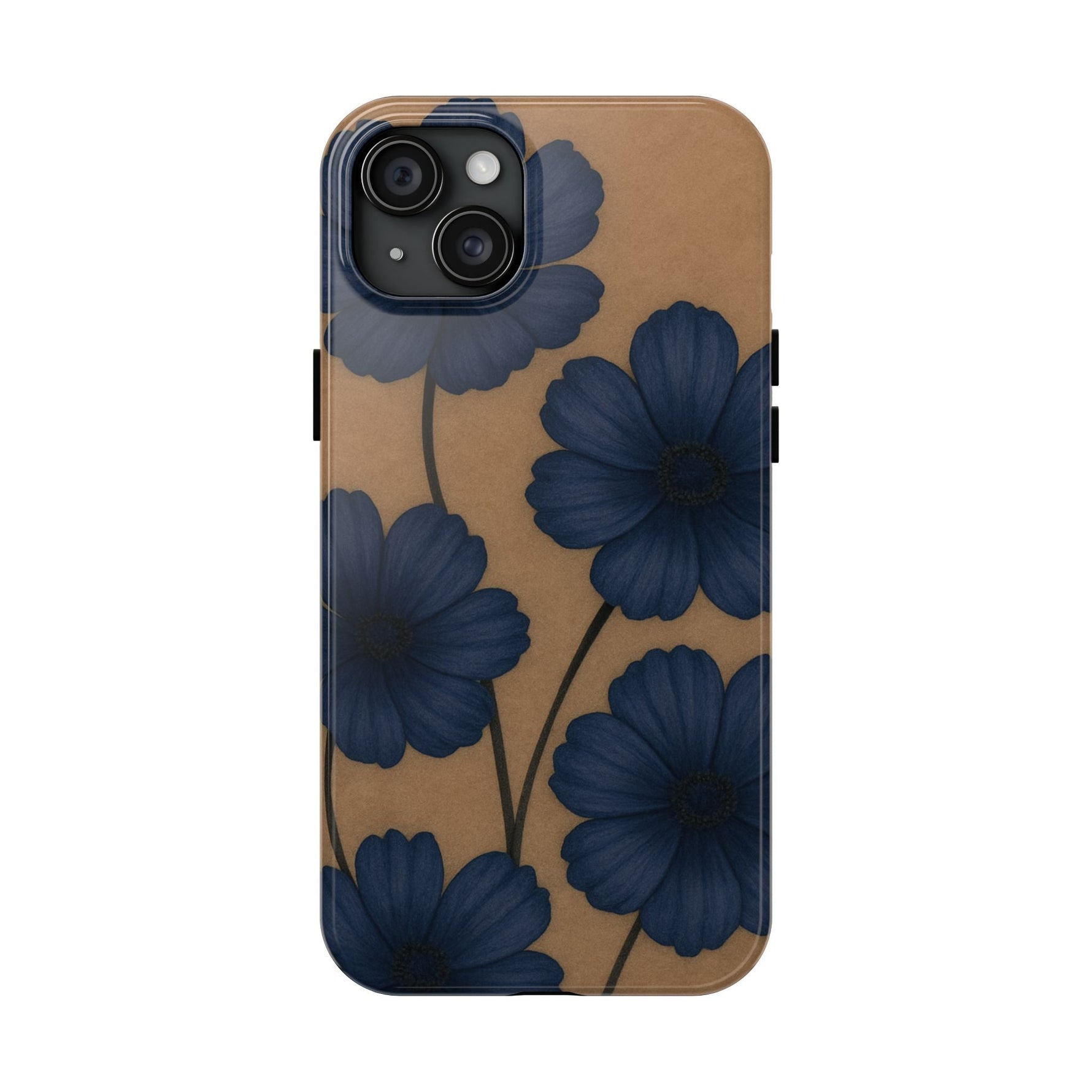 Navy Floral Tough iPhone Case — Durable Protective Case with Blue Flowers on Kraft Background  Shamo's iPhone 15 Plus
