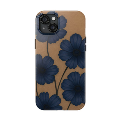Navy Floral Tough iPhone Case — Durable Protective Case with Blue Flowers on Kraft Background