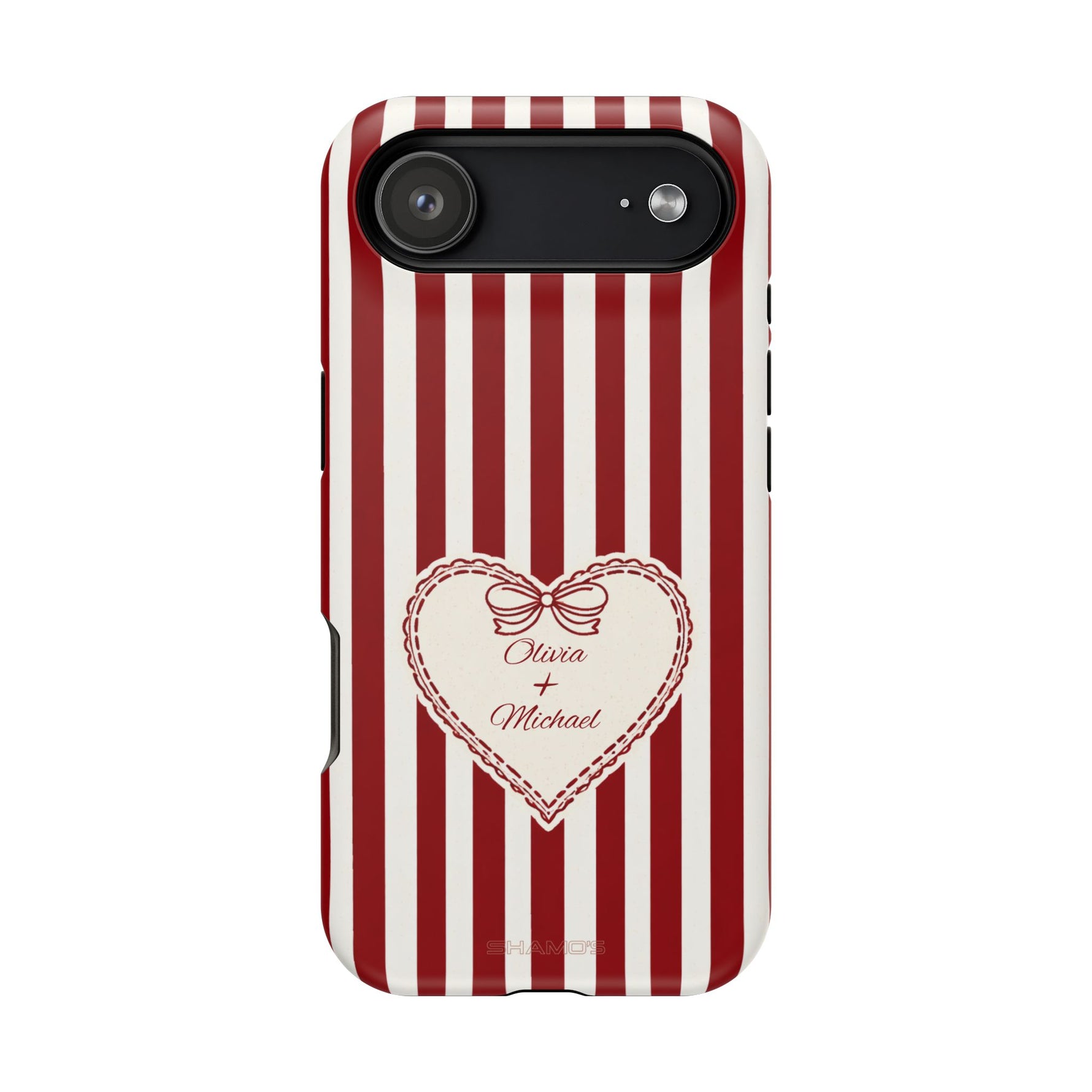 Funda personalizada a rayas — Diseño de corazón rojo y blanco (nombres personalizados)