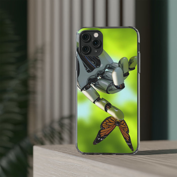 Clear Cases for iPhone 14 Series with Robotic hand and Butterfly.