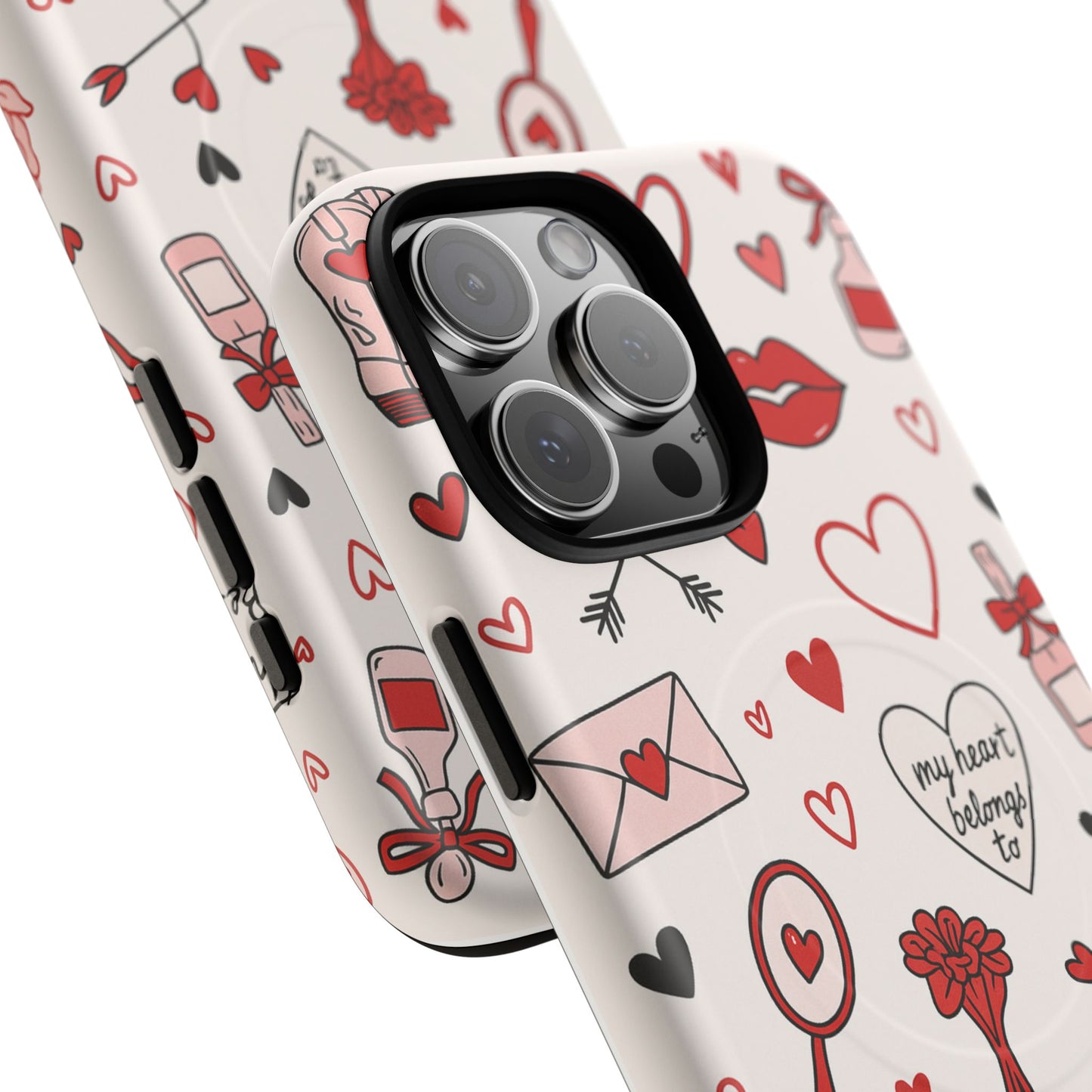 Romantic Love Doodle Tough iPhone Case ("LOVE", hearts, roses) (MagSafe compatible)