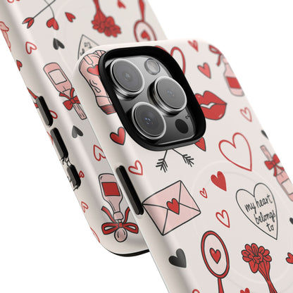 Romantic Love Doodle Tough iPhone Case ("LOVE", hearts, roses) (MagSafe compatible)