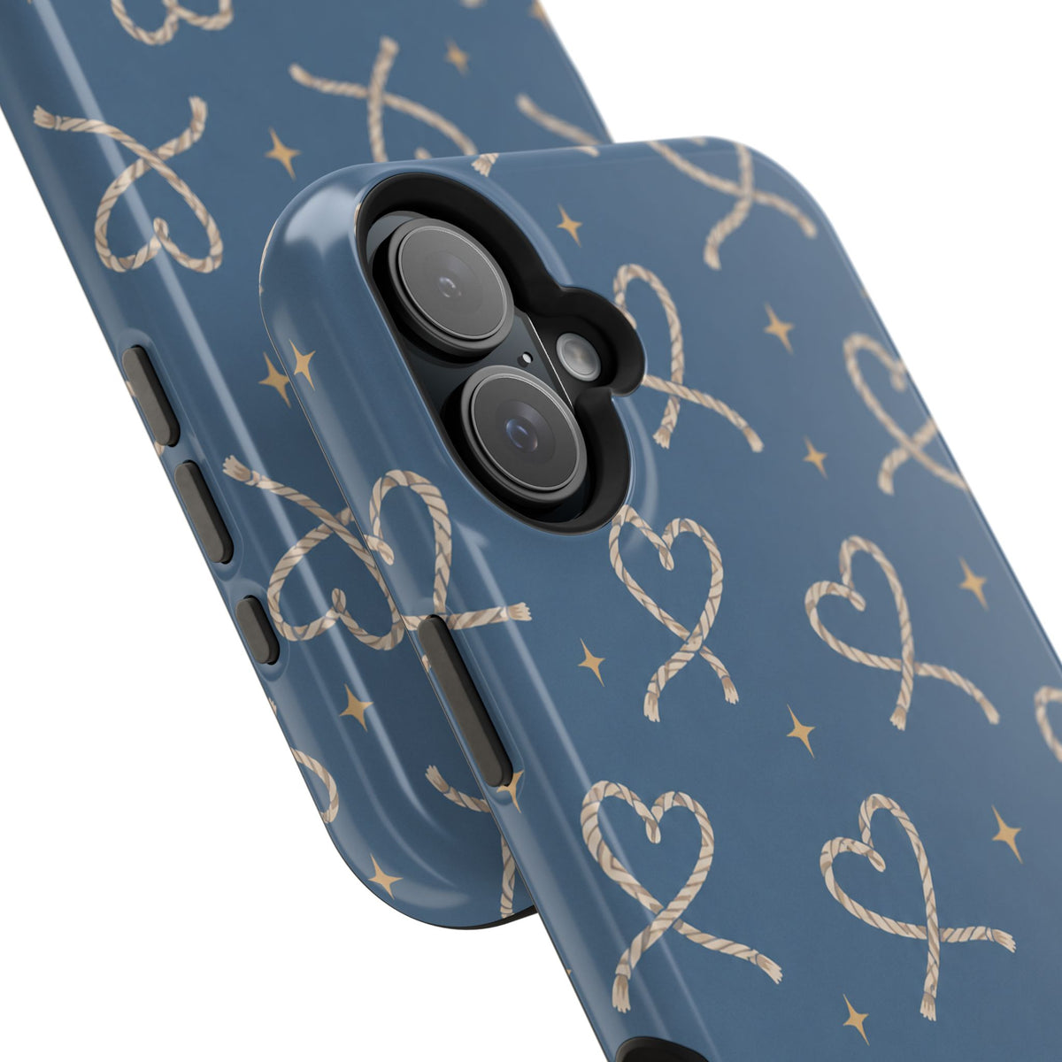 Lasso Hearts – Blue Western Heart MagSafe Phone Case, glossy vertical dual-camera model, camera and side-button close-up