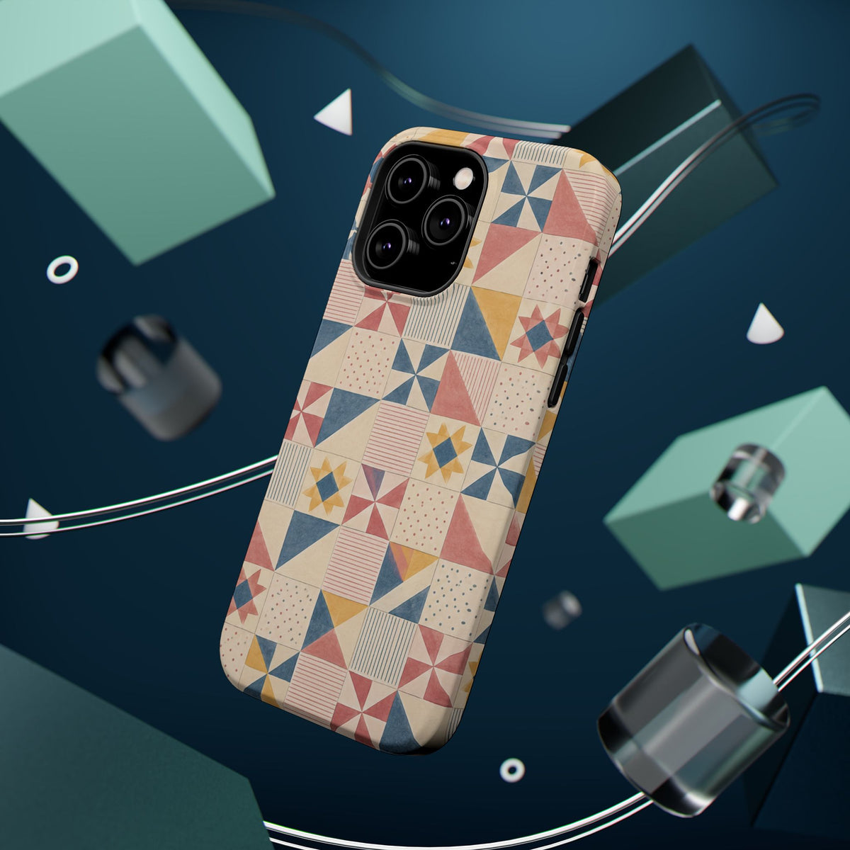 Prairie Quilt – Pastel Patchwork Pattern MagSafe Phone Case, glossy square triple-camera Pro model, rear view with magnetic accessories