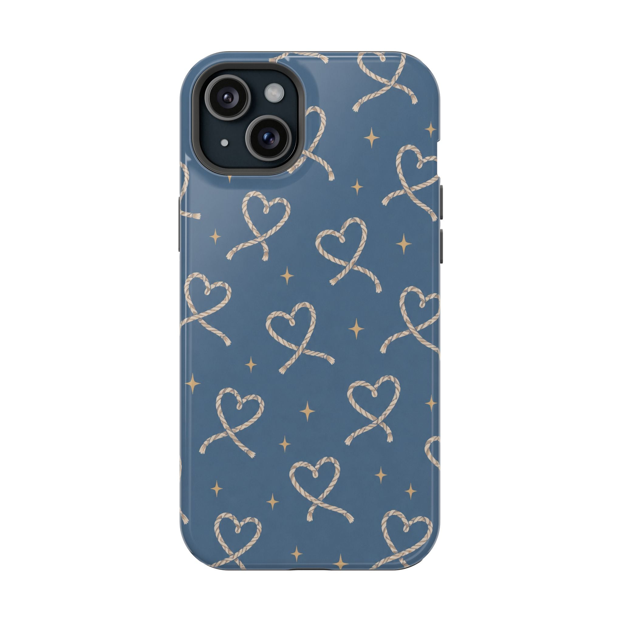 Lasso Hearts – Blue Western Heart MagSafe Phone Case, glossy iPhone 15 Plus, rear view