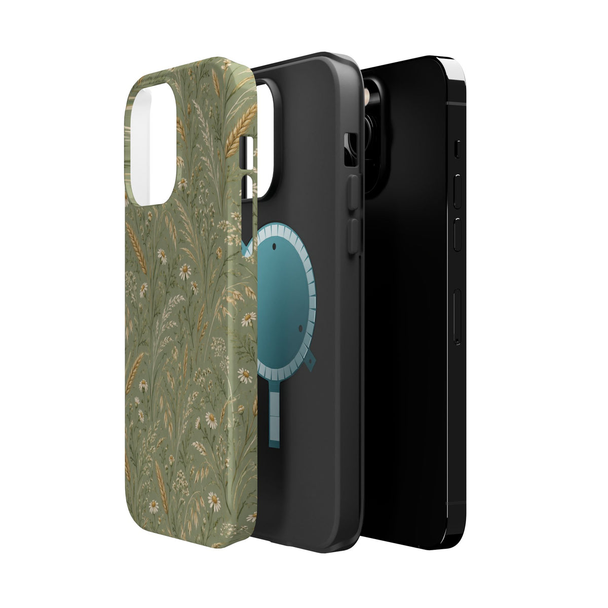 Golden Meadow – Sage Green Wildflower MagSafe Phone Case, glossy square triple-camera Pro model, exploded shell and liner with magnetic ring