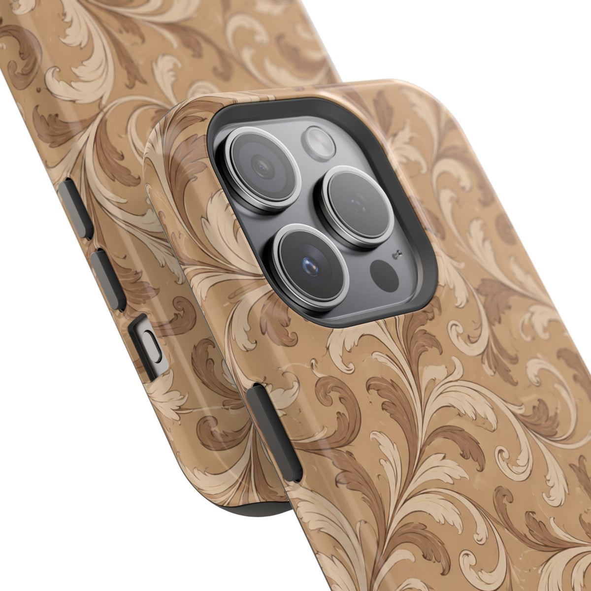 Saddle Scrolls – Tan Western Scrollwork MagSafe Phone Case, glossy square triple-camera Pro model, camera and side-button close-up