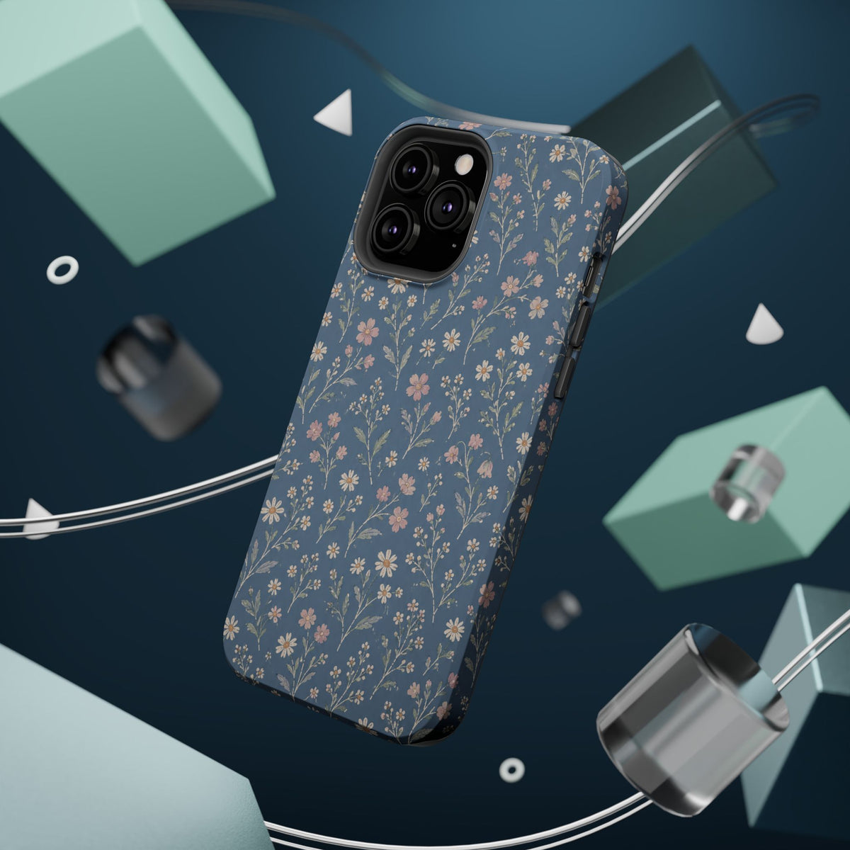 Denim Wildflowers MagSafe Phone Case, glossy square triple-camera Pro model, rear view with magnetic accessories