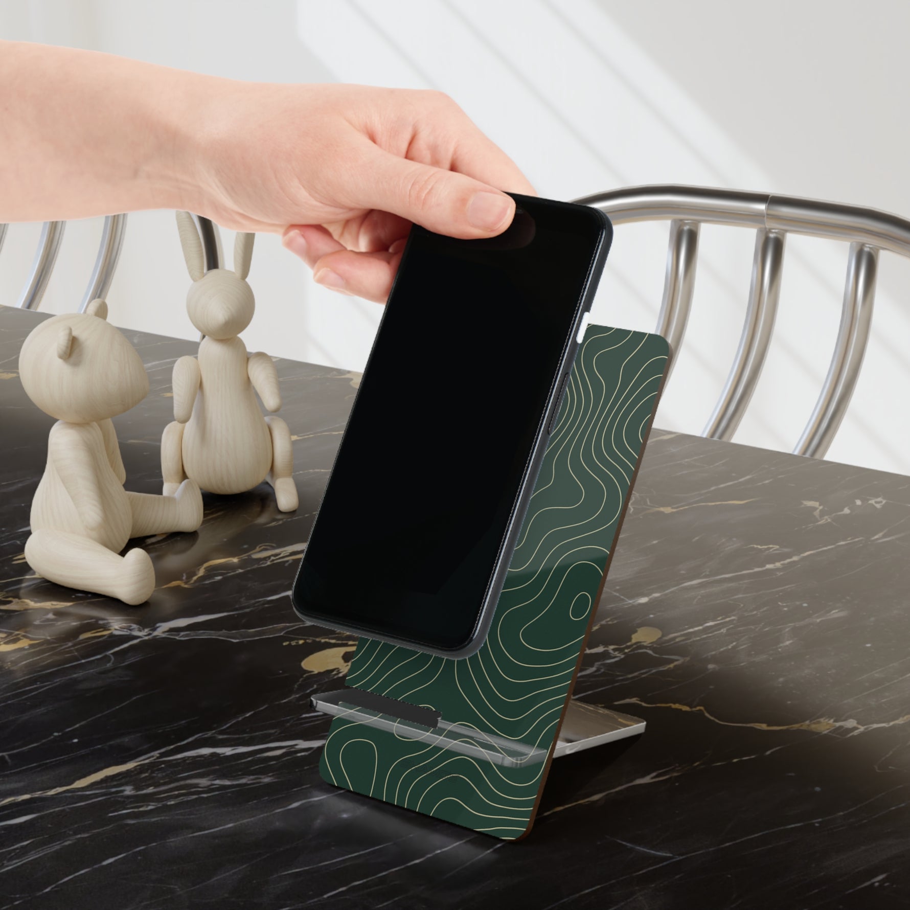 Acrylic Phone Stand with Topographic Green Design, Foldable Mobile Display Stand for Smartphones