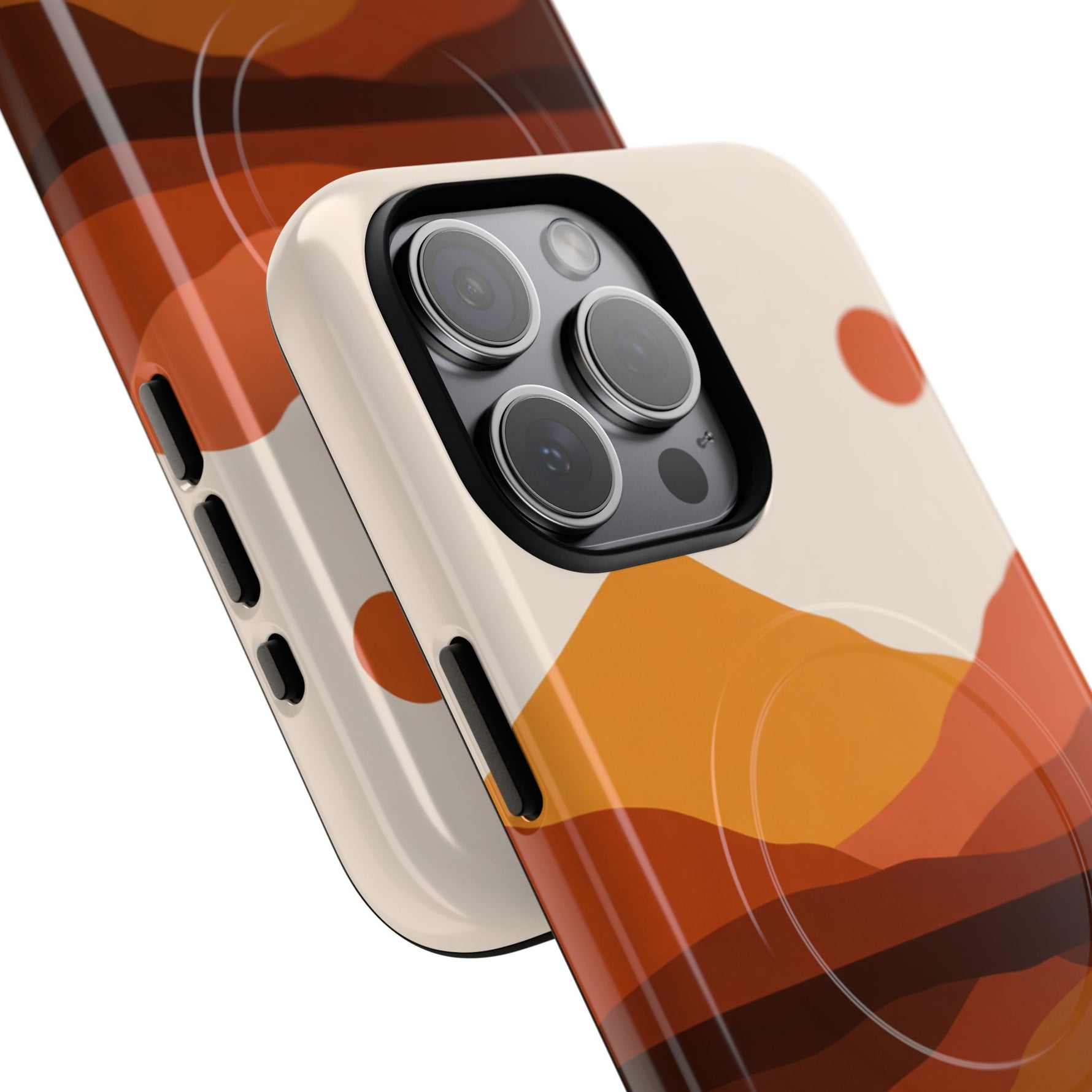 Two iPhones with colorful mountain landscape cases in variant sizes showing side buttons and camera lenses