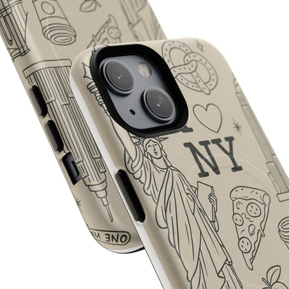 NY City Icons Tough iPhone Case — Statue of Liberty, Pizza & Taxi Pattern | Compatible with MagSafe