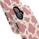 Rose Cowprint – Pink Cow Print MagSafe Phone Case, glossy vertical dual-camera model, camera and side-button close-up