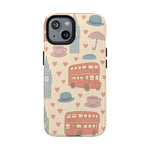 London Icons Hand-Drawn iPhone Case — Cute Double-Decker Bus & Big Ben Pattern with MagSafe compatibility  Shamo's iPhone 14 / Glossy