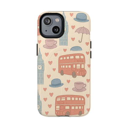 London Icons Hand-Drawn iPhone Case — Cute Double-Decker Bus & Big Ben Pattern with MagSafe compatibility