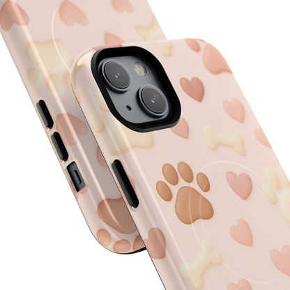 Pet Paw Pattern Phone Case — Pink Puppy Hearts & Bones with MagSafe