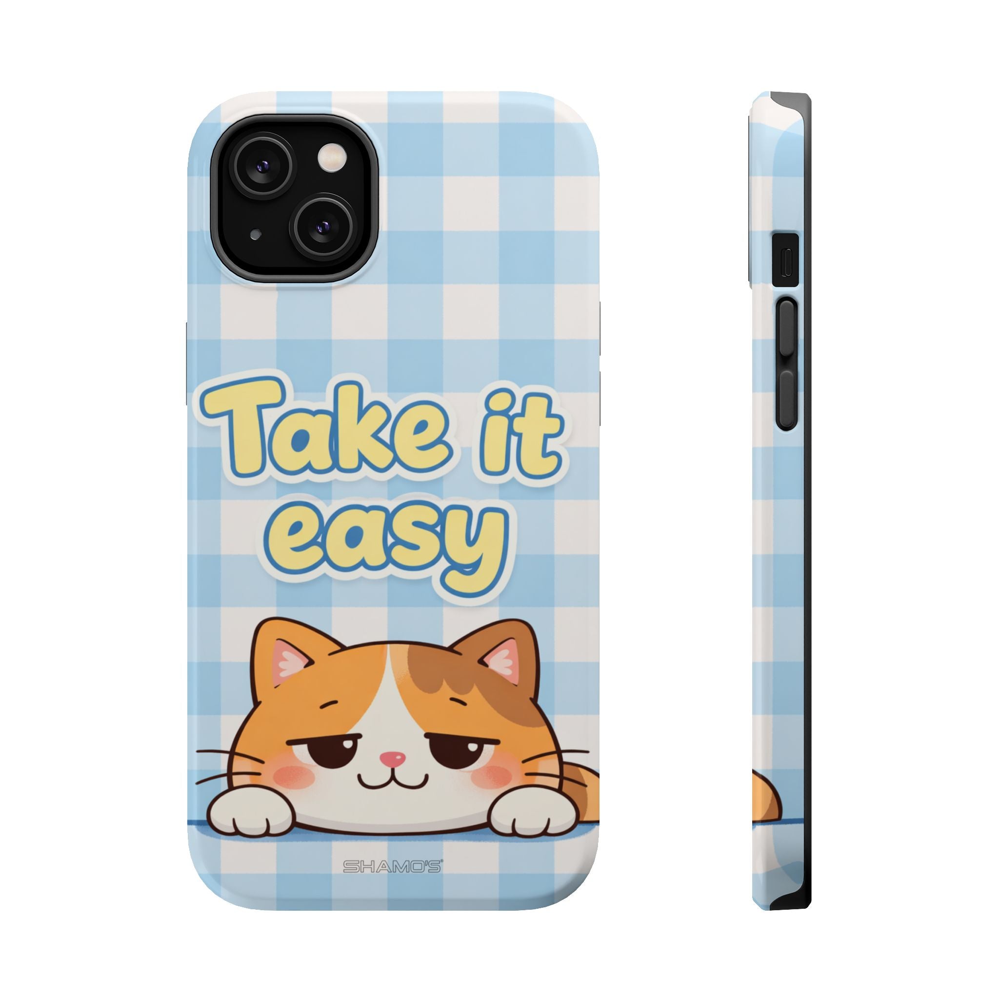 Phone case with a cartoon orange cat and Take it easy lettering on blue and white gingham