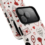 Romantic Love Doodle Tough iPhone Case ("LOVE", hearts, roses) (MagSafe compatible)  Shamo's