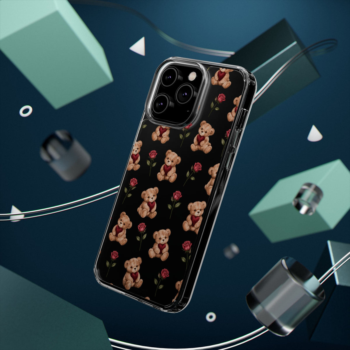 Romantic Teddy Bear Impact-Resistant Phone Case with Heart Design