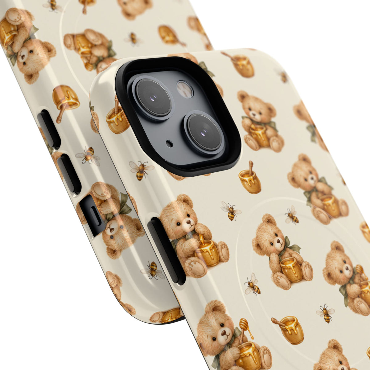 Honingknuffelbeer iPhone-hoesje — ontwerp met gele bij en honingpot met MagSafe