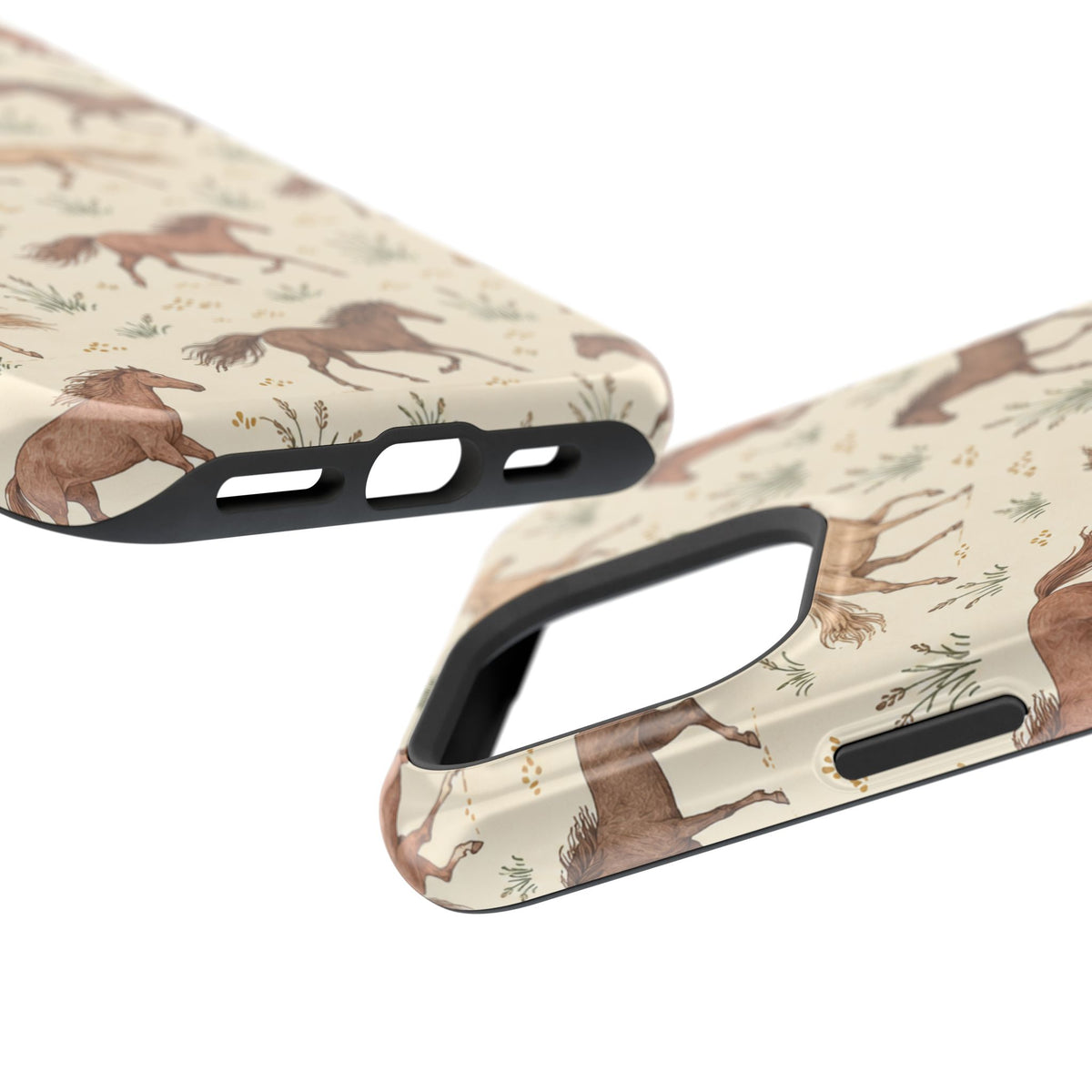Wild Mustangs – Western Horse Pattern MagSafe Phone Case, glossy square triple-camera Pro model, port openings and edge details