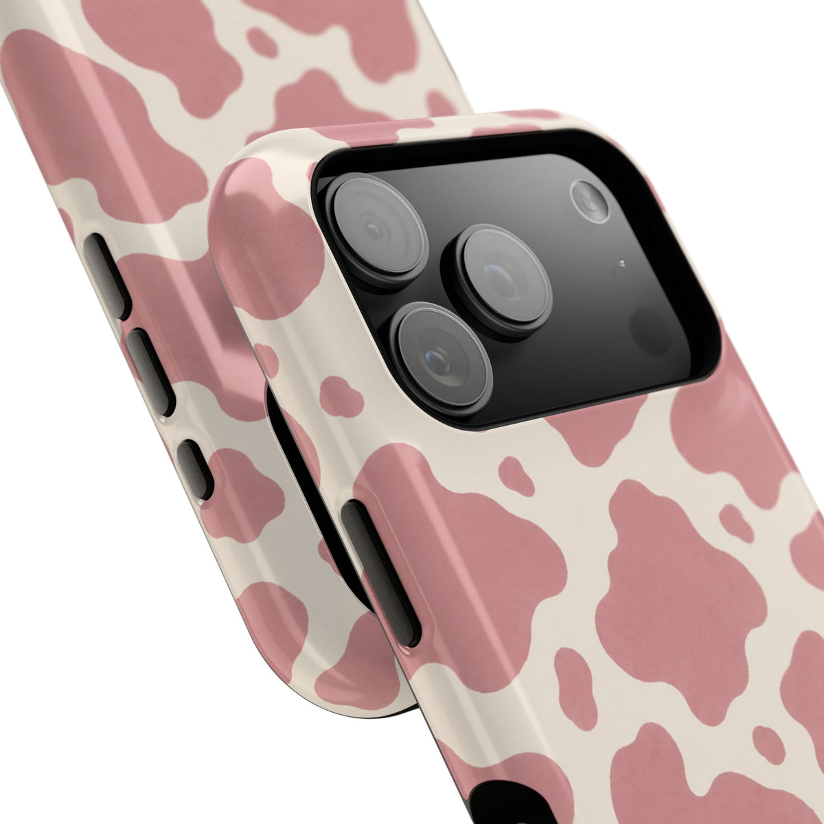 Rose Cowprint – Pink Cow Print MagSafe Phone Case, glossy compact wide-camera Pro model, camera and side-button close-up