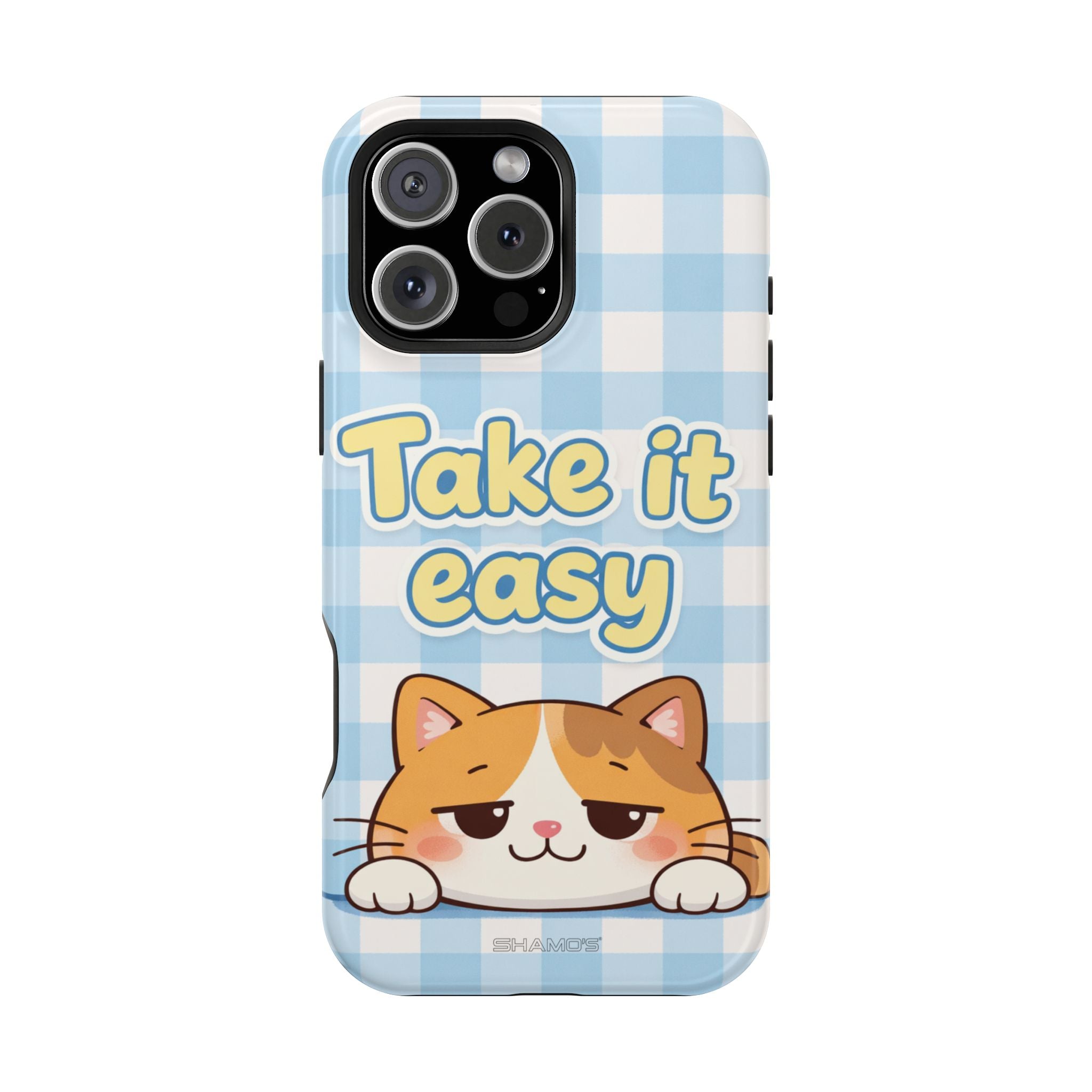 Phone case with a cartoon orange cat and Take it easy lettering on blue and white gingham