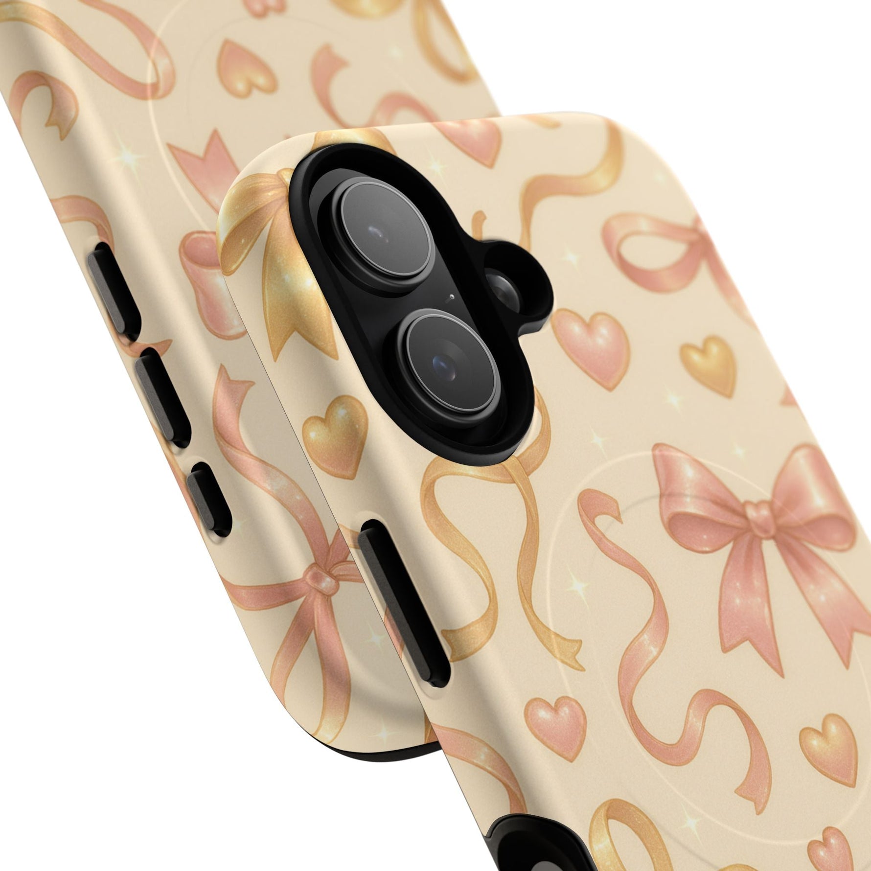 Festive Bow Charm iPhone Case — Pink & Gold Ribbon Hearts with MagSafe  Shamo's