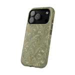 Golden Meadow – Sage Green Wildflower MagSafe Phone Case, glossy compact wide-camera Pro model, angled rear view