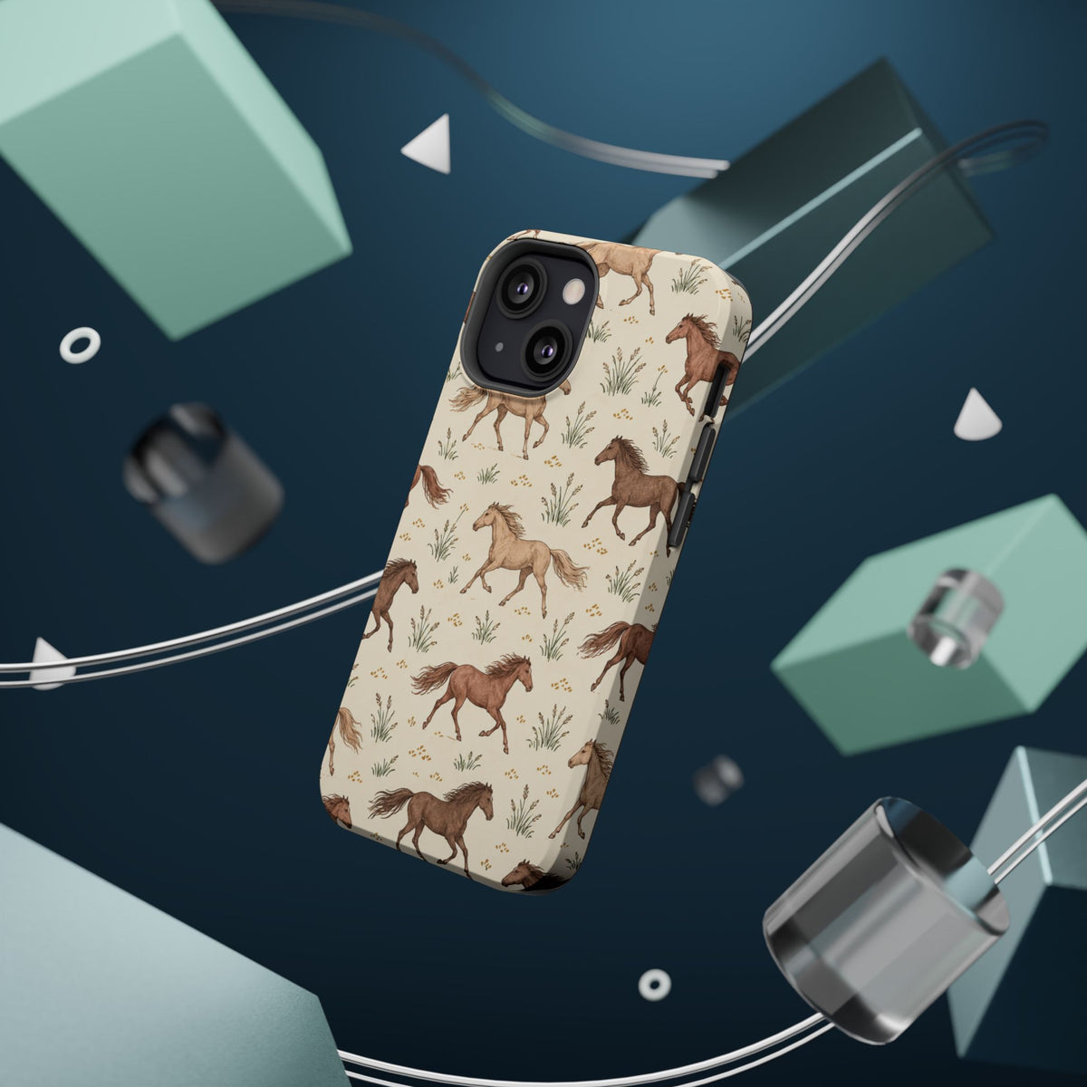 Wild Mustangs – Western Horse Pattern MagSafe Phone Case, glossy diagonal dual-camera model, rear view with magnetic accessories