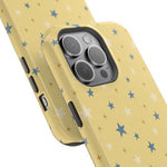 Prairie Stars – Yellow and Blue Star MagSafe Phone Case, glossy square triple-camera Pro model, camera and side-button close-up