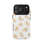 White phone case for model with triple camera, decorated with multiple small beige bunny illustrations, medium size