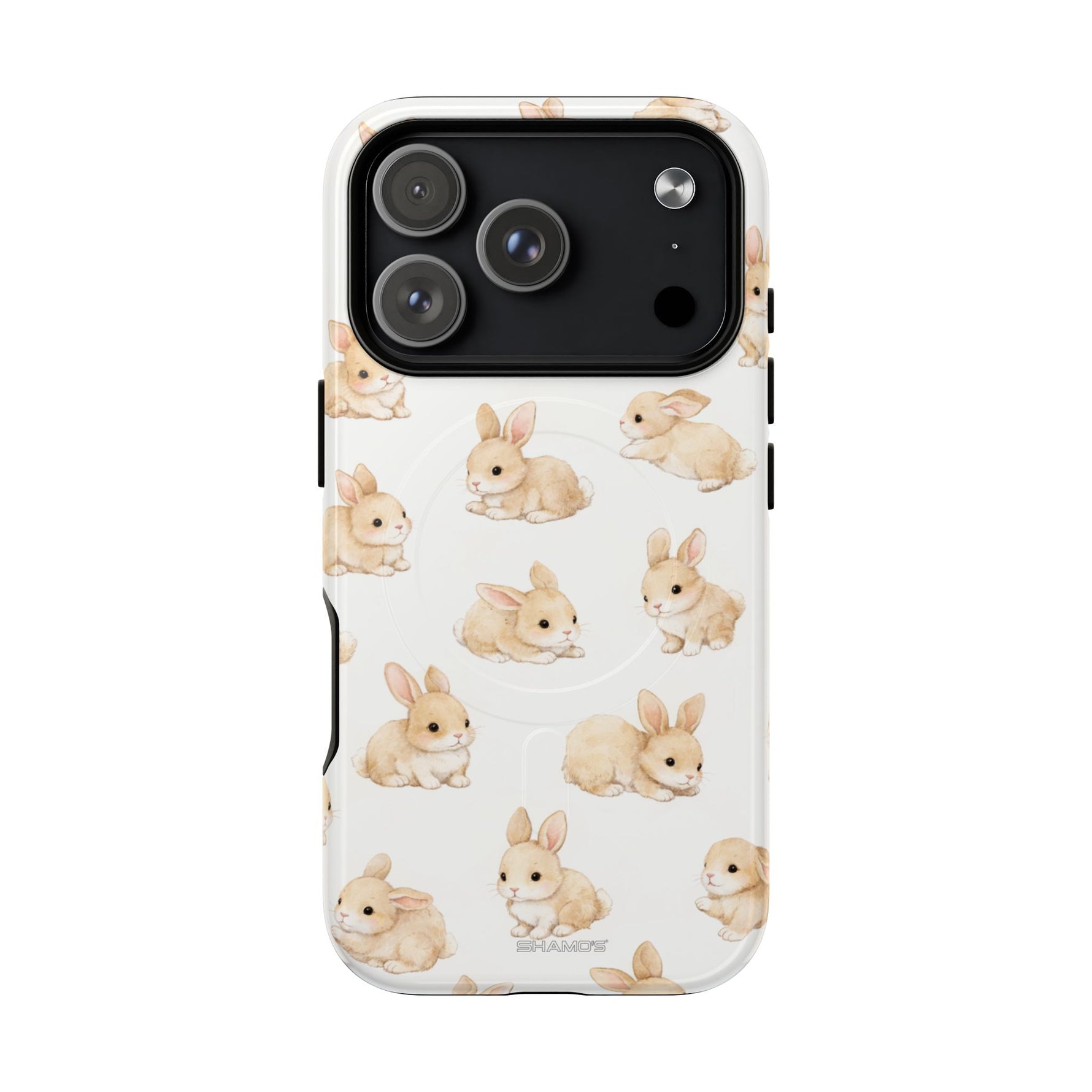 White phone case for model with triple camera, decorated with multiple small beige bunny illustrations, medium size