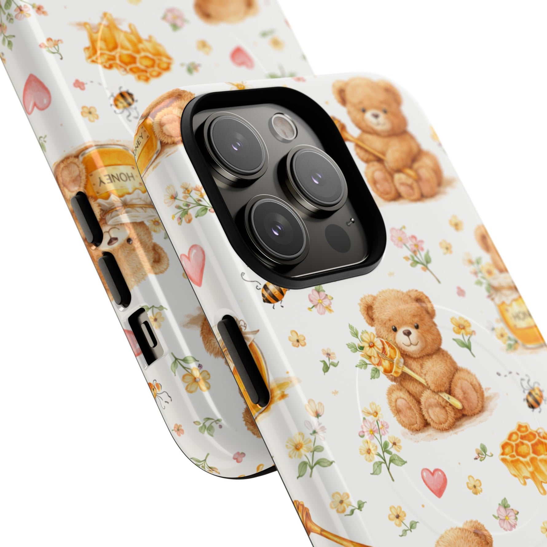 Honey Teddy Bear iPhone Case — Yellow Bee & Honey Pot Design with MagSafe