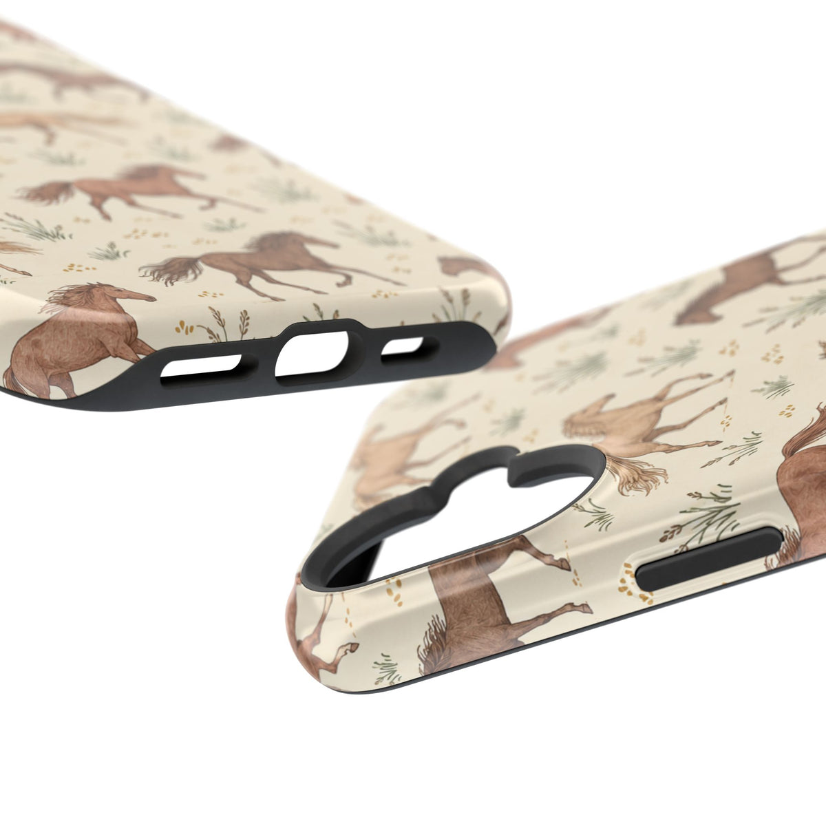 Wild Mustangs – Western Horse Pattern MagSafe Phone Case, glossy vertical dual-camera model, port openings and edge details