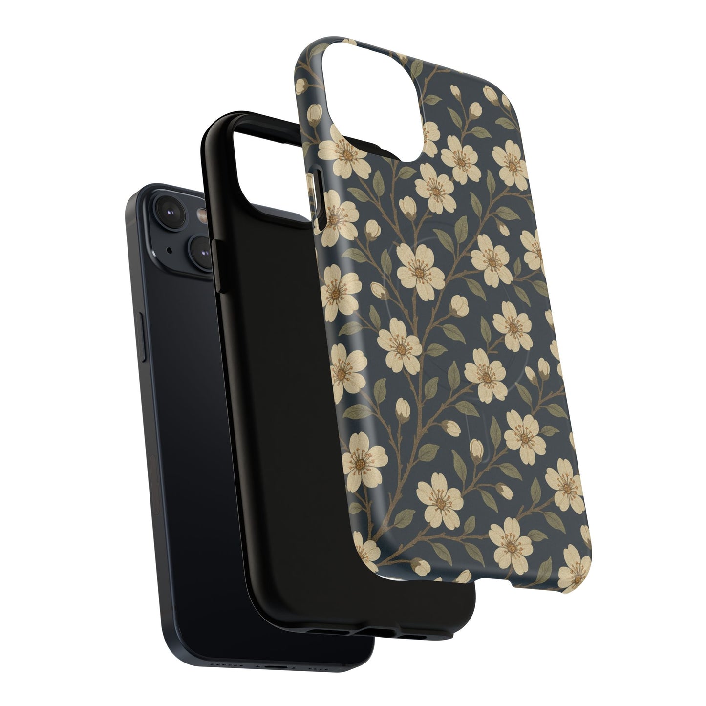 Navy Cherry Blossom Floral iPhone Case - Compatible with MagSafe