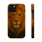 Phone case with detailed lion face design, shown in front and side variant sizes