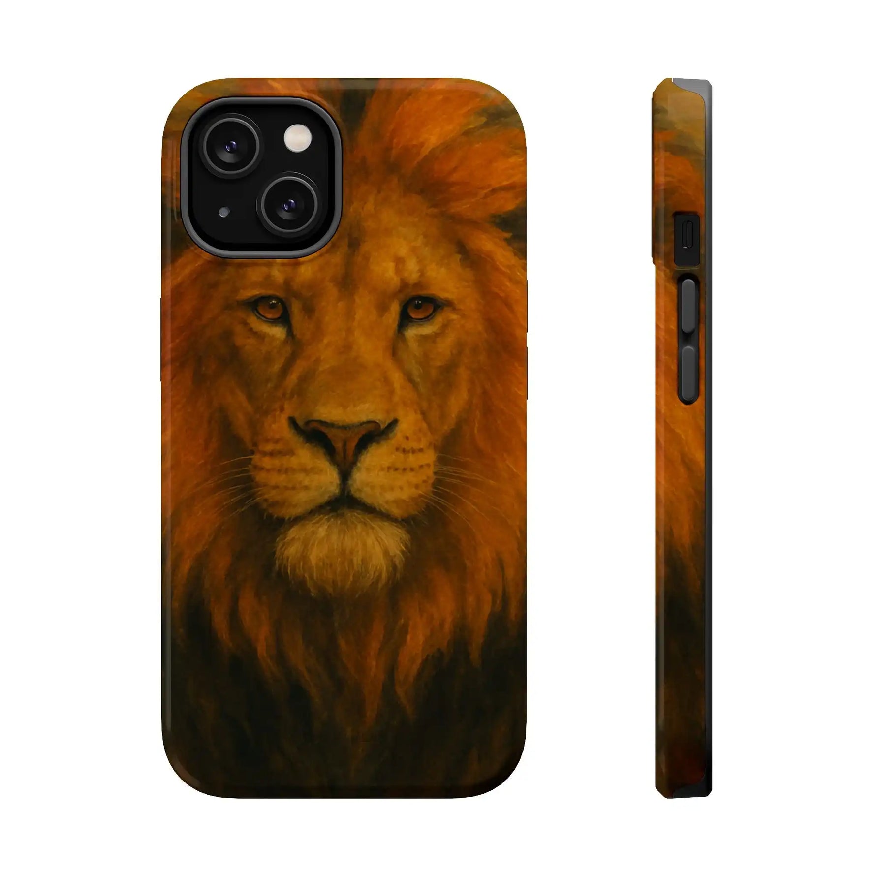 Phone case with detailed lion face design, shown in front and side variant sizes