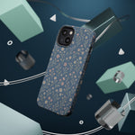 Denim Wildflowers MagSafe Phone Case, glossy diagonal dual-camera model, rear view with magnetic accessories
