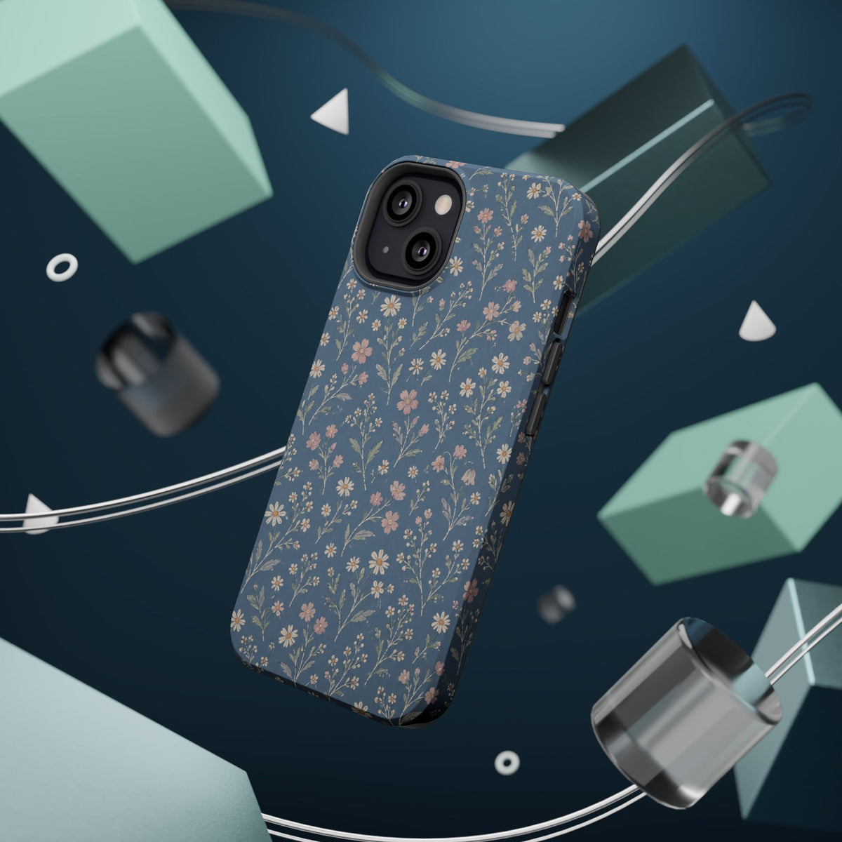 Denim Wildflowers MagSafe Phone Case, glossy diagonal dual-camera model, rear view with magnetic accessories